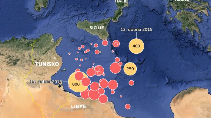 Místa ztroskotání uprchlíků ve Středozemním moři