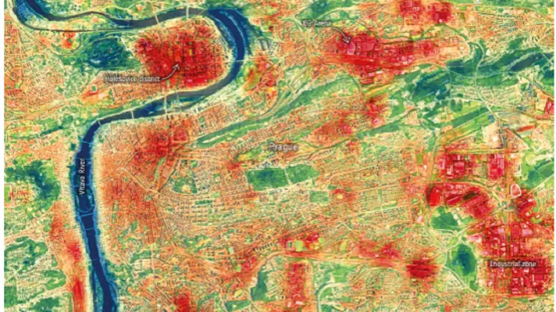 K identifikaci takzvaných hotspotů, tedy oblastí měst s výraznějším přehříváním, se často využívá družicových měření teploty povrchu (situace v Praze 18. června 2022)