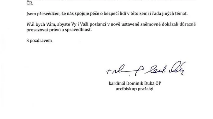 Dopis Dominika Duky šéfovi SPD Tomiu Okamurovi