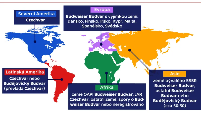 Názvy, pod kterými se Budějovický Budvar prodává v dalších zemích