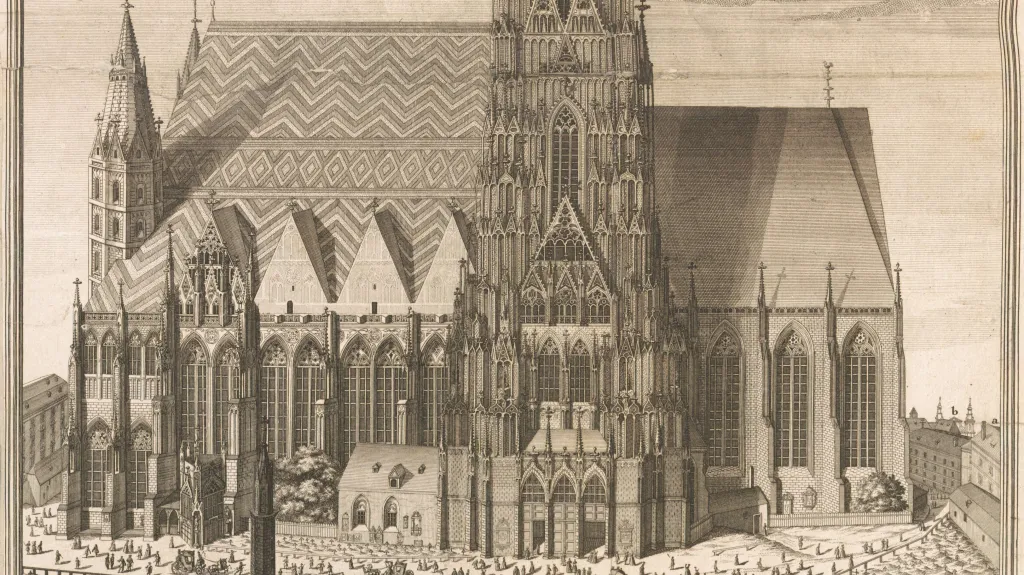 Georg Daniel Heumann podle Salomona Kleinera, dóm sv. Štěpána ve Vídni, 1724, lept s mědirytem z alba Vera et accurata delineatio omnium templorum [...] Residenz-Statt Wien (z výstavy Architektura v grafice 16.–18. století)