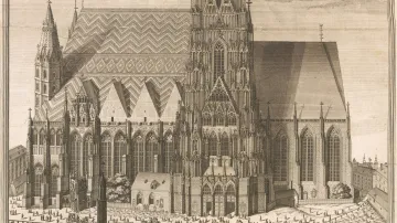 Georg Daniel Heumann podle Salomona Kleinera, dóm sv. Štěpána ve Vídni, 1724, lept s mědirytem z alba Vera et accurata delineatio omnium templorum [...] Residenz-Statt Wien (z výstavy Architektura v grafice 16.–18. století)
