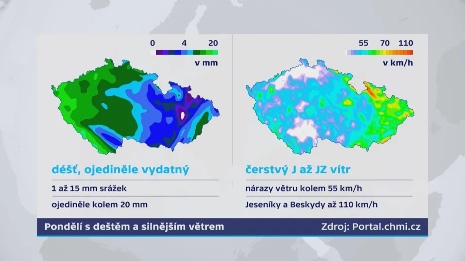 Pondělí s deštěm a silným větrem