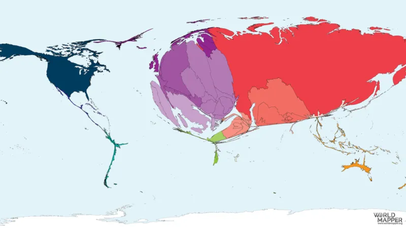 Kartogram schematicky zachycující migraci z Ukrajiny mezi lety 1990 a 2017. Čím „nafouklejší“ území, tím důležitější cílová země