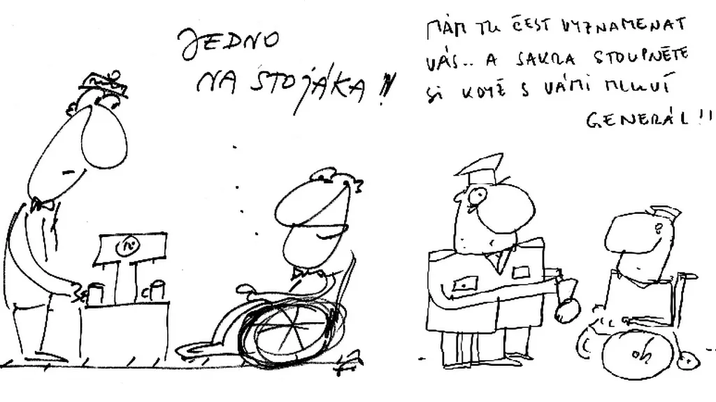 Kreslené vtipy Fefíka (vlevo) a Marka Douši