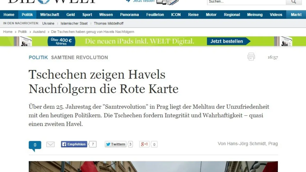 Německý deník Die Welt komentuje dění v Česku