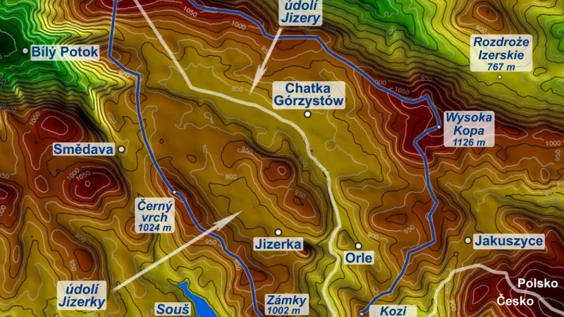 Mapa Jizerské oblasti tmavé oblohy