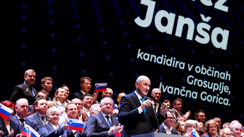 Janez Janša na stranickém kongresu v Lublani (21. února 2026)