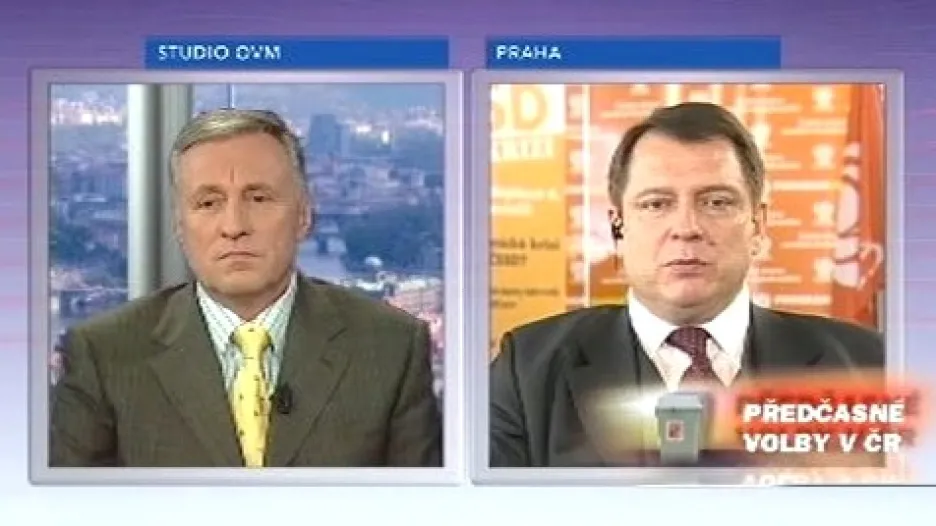 Premiér v demisi Mirek Topolánek a předseda ČSSD Jiří Paroubek v Otázkách Václava Moravce