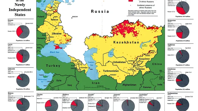Rusové za hranicí Ruska po roce 1991. Červeně souvisle obydlené území, tečkami rozptýlené komunity