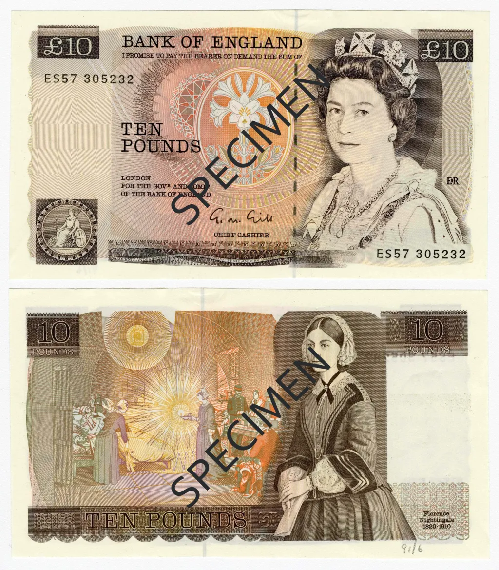 Bankovka série D s královnou Alžbětou II. a Florence Nightingaleovou v hodnotě deset liber (v oběhu od 20. 2. 1975 do 20. 5. 1994)