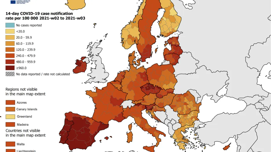 Počet odhalených nákaz za 2. a 3. týden roku 2021 na sto tisíc obyvatel