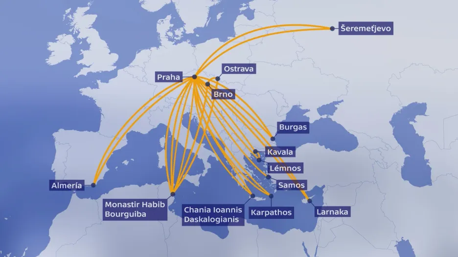 Mapa následných cest letounu společnosti Smartwings