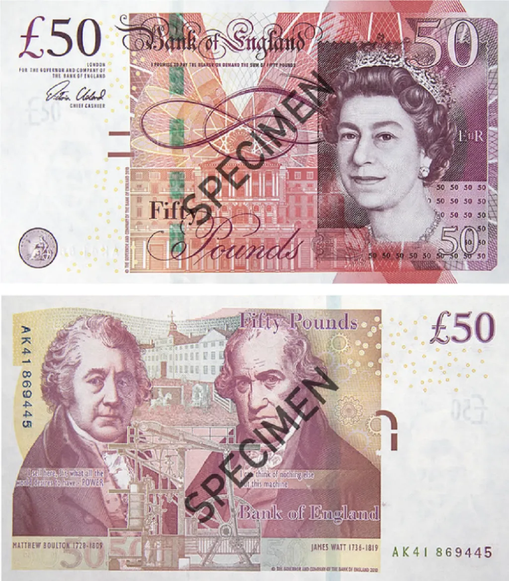 Bankovka série F s královnou Alžbětou II., Jamesem Wattem a Matthewem Boultonem v hodnotě padesát liber (v oběhu od 2. 11. 2011 do 30. 9. 2022)