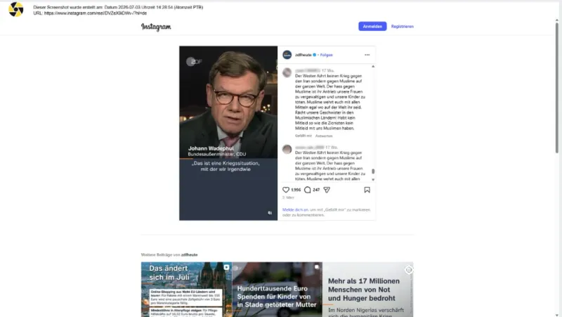 Komentáře pod příspěvky ZDFheute na Instagramu
ZDFheute