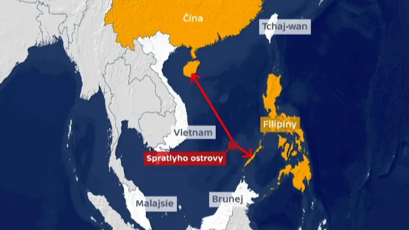 Vzdálenost Spratlyho ostrovů od jednotlivých zemí, které si je nárokují