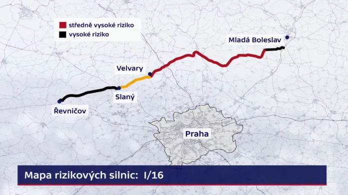 Mezi nejrizikovější silnice v Česku patří dlouhodobě I/16 mezi Mladou Boleslaví, Mělníkem a Řevničovem