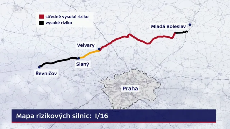 Mezi nejrizikovější silnice v Česku patří dlouhodobě I/16 mezi Mladou Boleslaví, Mělníkem a Řevničovem