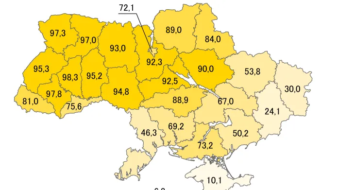 Ukrajinština jako rodný jazyk (sčítání lidu 2001, v procentech)