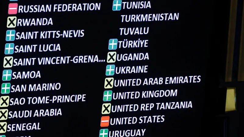 Hlasování o ukrajinsko-evropské rezoluci na podporu Kyjeva ve Valném shromáždění OSN