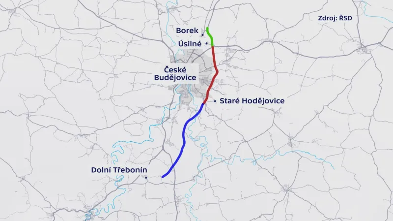 Českobudějovická část dálnice D3 - nově rozestavěný úsek označený modře