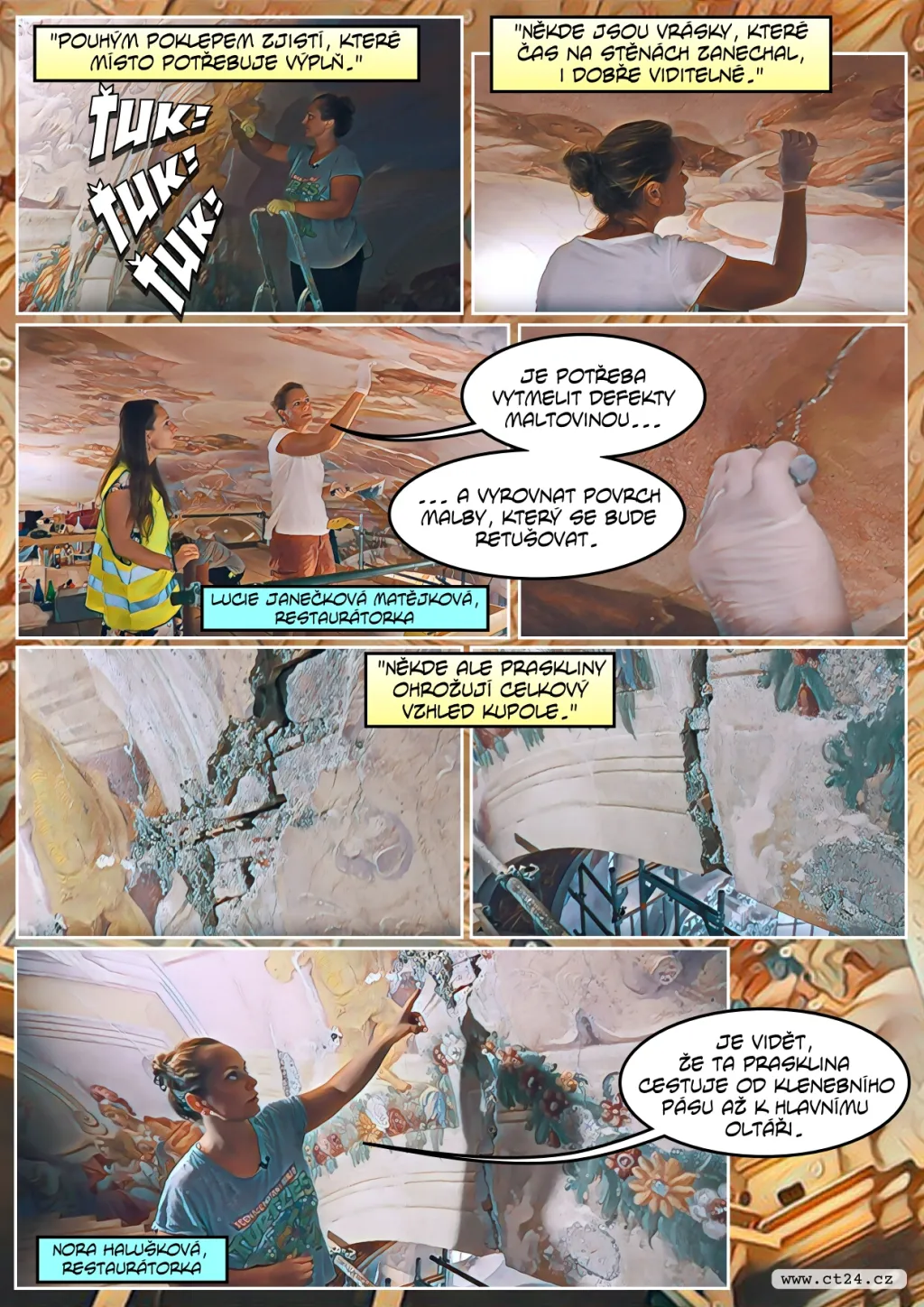 Restaurátoři na vysokém lešení opravují strop kostela v Rajhradě