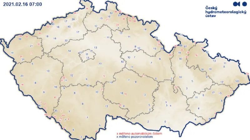 Výška sněhu v úterý ráno