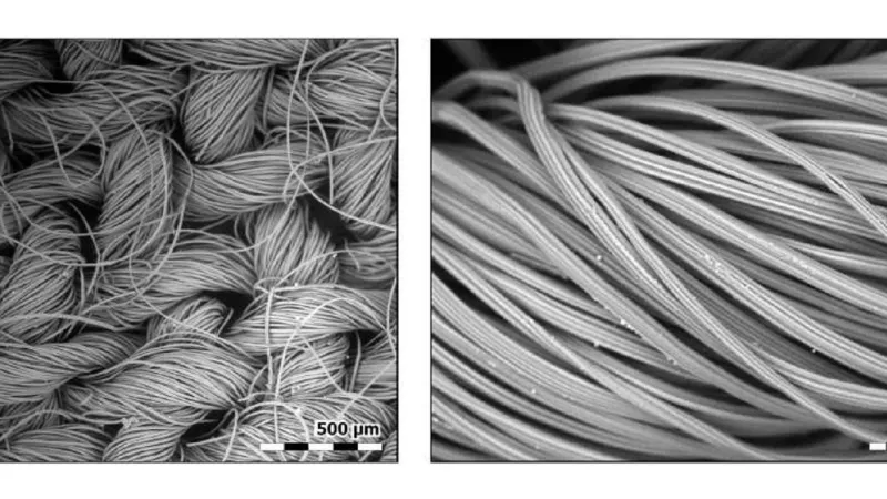 Umělé hedvábí: vlevo křížení vláken, vpravo svazek vláken