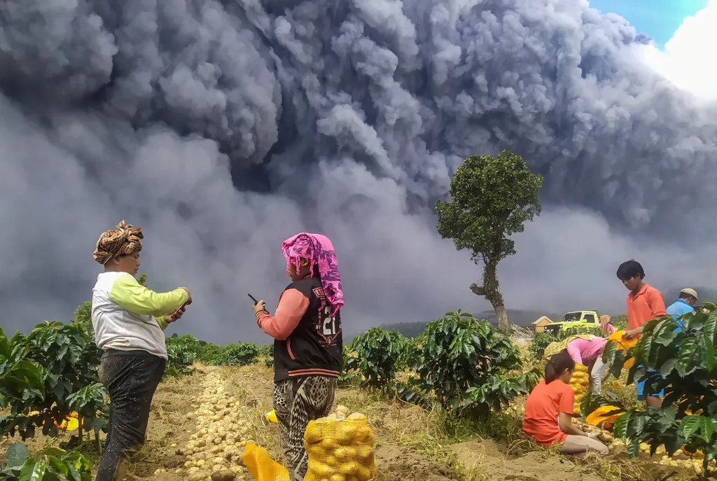 Zemědělci pozorují vulkán Sinabung v Severní Sumatře v Indonésii, který byl v srpnu velmi aktivní a roznesl prach a popel po celé oblasti, což mělo dopad na úrodu