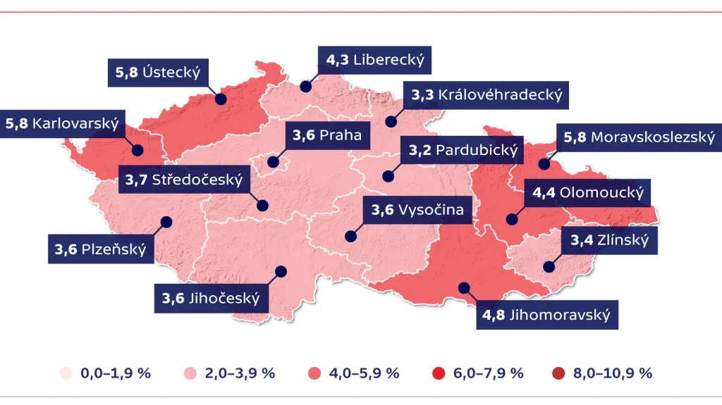 Nezaměstnanost v krajích ČR – leden 2021 (v %)