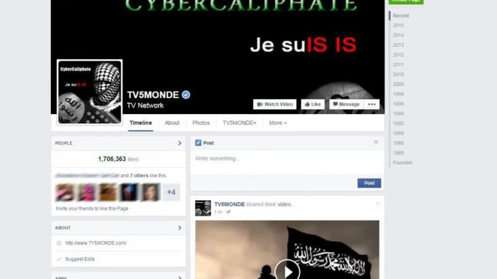 Facebook stanice TV5MONDE v době napadení hackery Islámského státu