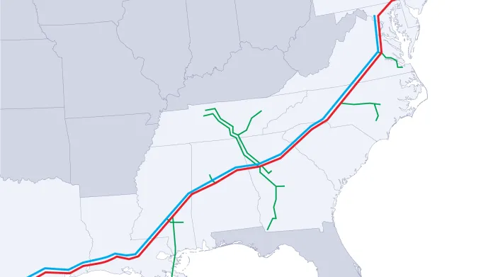 Distribuční síť potrubí Colonial Pipeline