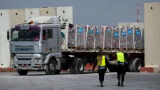 Kamion s humanitární pomocí na hraničním přechodu Kerem Šalom (březen 2024)