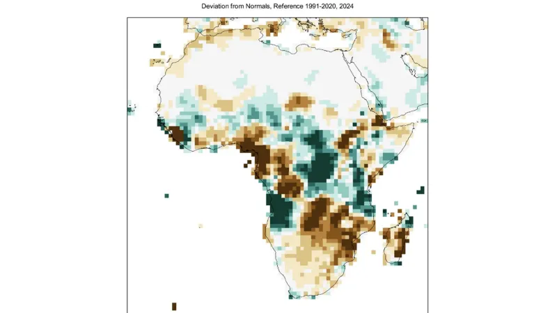 Srážkové anomálie v milimetrech pro rok 2024: modré oblasti označují nadprůměrné srážky a hnědé oblasti podprůměrné srážky. Referenční období je 1991–2020