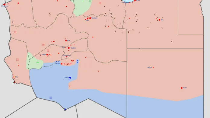 Situace v Libyi v lednu 2020. Zeleně Vláda národní jednoty Fáize Sarrádže, červeně Libyjská národní armáda Chalífy Haftara, modře lokální ozbrojenci. Území mimo pobřeží jsou řídce osídlena