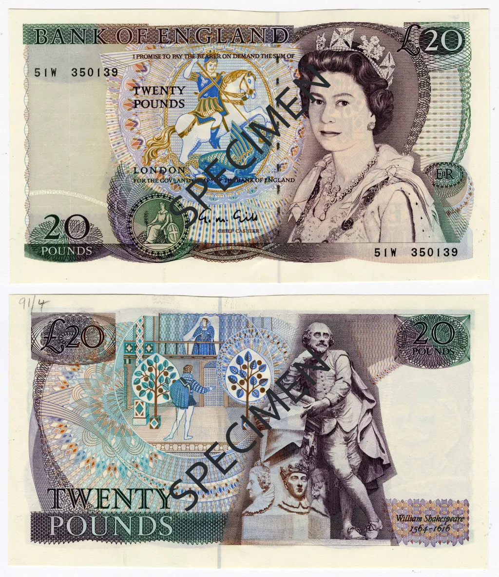 Bankovka série D s královnou Alžbětou II. a Williamem Shakespearem v hodnotě dvacet liber (v oběhu od 9. 7. 1970 do 19. 3. 1993)