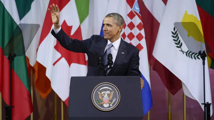 Barack Obama při projevu v bruselském centru Bozar
