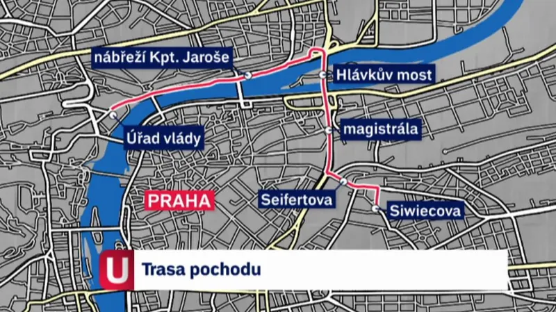 Trasa protestního pochodu 22. května