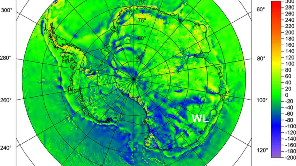Hodnoty gravitačních anomálií na území Antarktidy