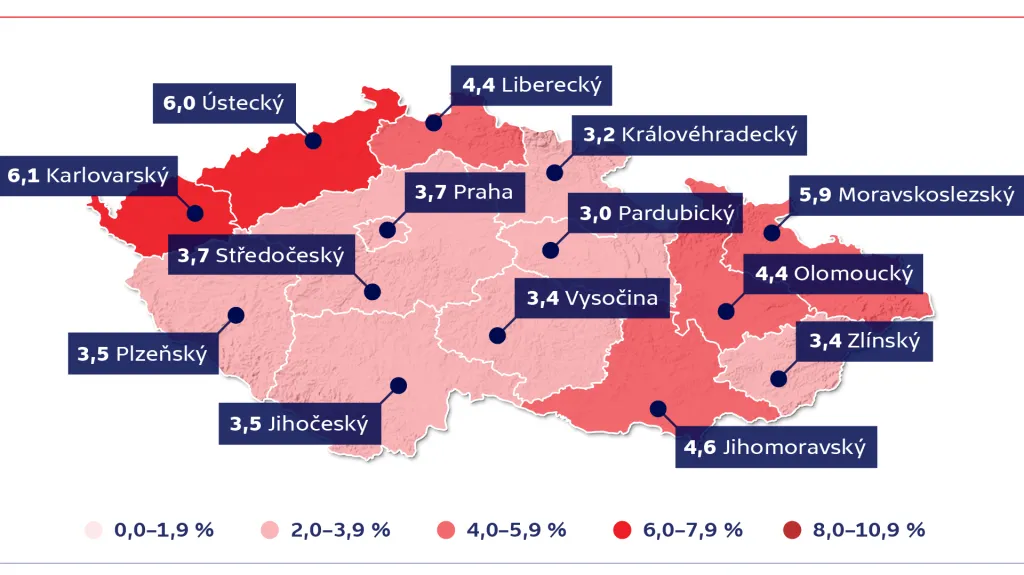 Nezaměstnanost v krajích ČR – březen 2021 (v %)