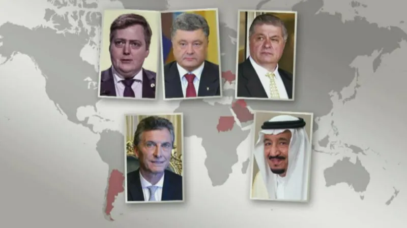 Významné osoby zapletené do kauzy Panama Papers: Islandský premiér Sigmundur Gunlaugson, ukrajinský prezident Petro Porošenko, bývalý premiér Ukrajiny Pavlo Lazarenko, argentinský prezident Mauricio Makri či král Saúdské Arábie Salmán bin Abd al-Azíz