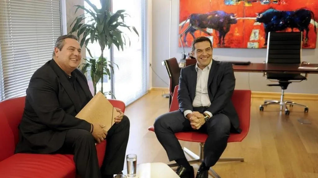 Panos Kammenos a Alexis Tsipras - lídři vytvořené vládní koalice