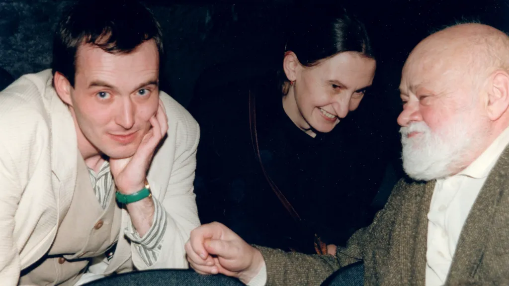 Zleva Petr Lébl, Eva Holubová a Ivan Vyskočil, Divadlo Na zábradlí, 1995