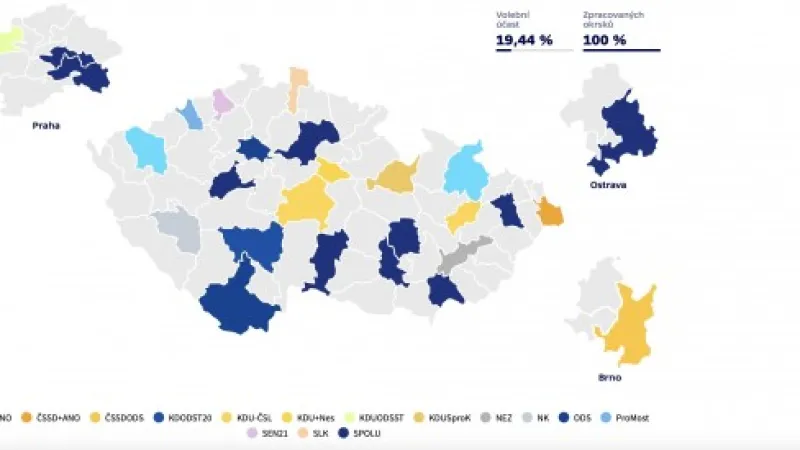 Jak vypadá mapa senátních obvodů po sečtení 100 % okrsků