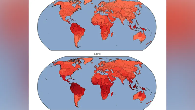 Počet horkých dnů v různých částech světa podle dvou různých scénářů – na horní mapce při 2,6 stupně Celsia, na dolní mapce při čtyřech stupních Celsia