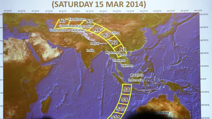 Severní a jižní koridor pravděpodobné trasy letu MH370