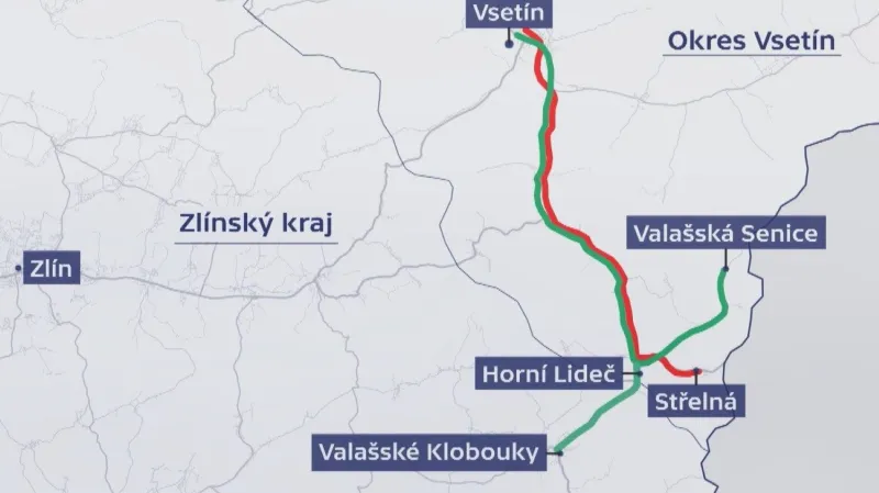 Mapa vlakové výluky Vsetín–Střelná ( 16. 2. 2026 – 12. 12. 2026)