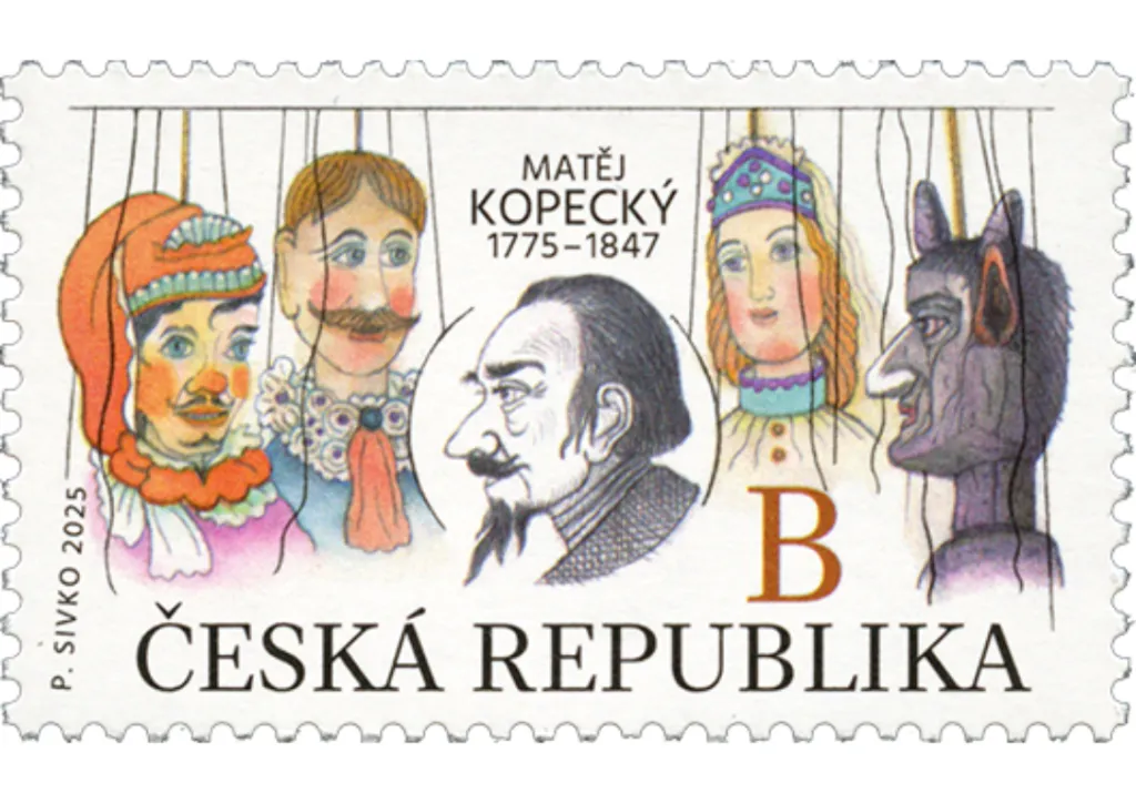Zakladatel českého loutkového divadla Matěj Kopecký se na známce z roku 2025 objevil ve společnosti čtyř loutek. Autor emise Pavel Sivko je nevybral náhodně – kašpárek, artista, princezna a čert patřily k těm, s nimiž loutkoherecká společnost Kopeckého v první polovině devatenáctého století hrála divadelní představení