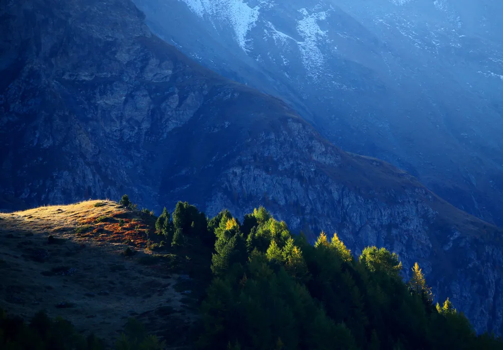 Sluneční paprsky ozařují stromy v podzimním ránu ve švýcarském Val d'Annivier