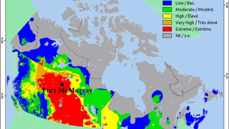 Vedra a nebezpečí ohně v kanadské Albertě k 5. květnu